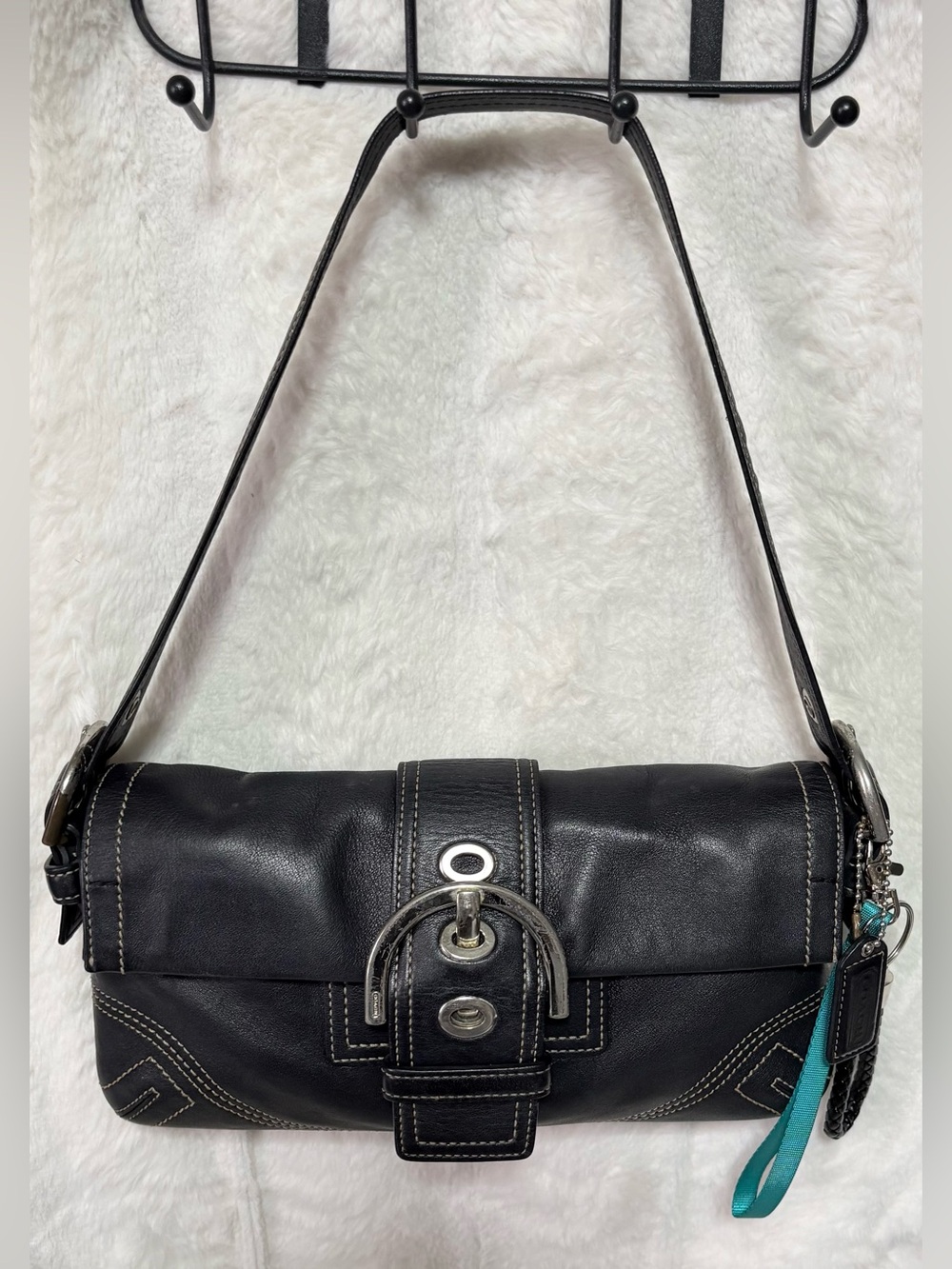 Coach Black Leather Shoulder Bag with Silver-Tone Buckle - Picture 2 of 11